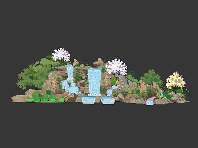 Garden Feature With Waterfall Rocks Flowering Trees And Lush Green Plants 3d model