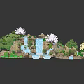 Garden Feature With Waterfall Rocks Flowering Trees And Lush Green Plants