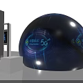 Modern Tech Exhibition Hall With Curved Glass Displays Blue Illuminated Signs And Visitor Interaction