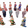 Group of People Wearing Traditional Japanese Kimono in Colorful Styles and Different Poses