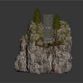 Natural Rock Formation Scene With Wooden Bridge Pine Trees And Mossy Surface