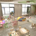 Kindergarten Classroom with Colorful Fences Wooden Tables Chairs Green Ceiling and Large Windows
