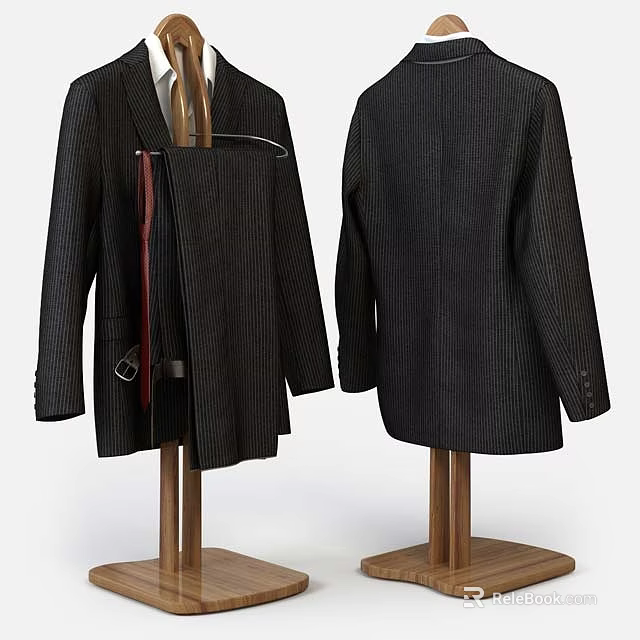 Two Striped Suit Jackets Front And Back View On Wooden Hangers With Red Lining 3d model 