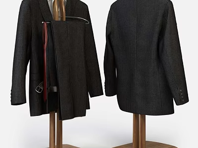 Two Striped Suit Jackets Front And Back View On Wooden Hangers With Red Lining 3d model