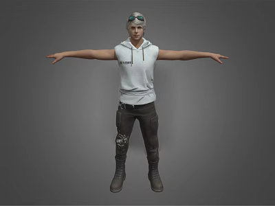 3D Character Model in White Sleeveless Hoodie Black Pants and Goggles with Arms Outstretched 3d model