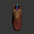 3D Rendered Unicorn Head With Brown Mane And Blue White Spiral Horn