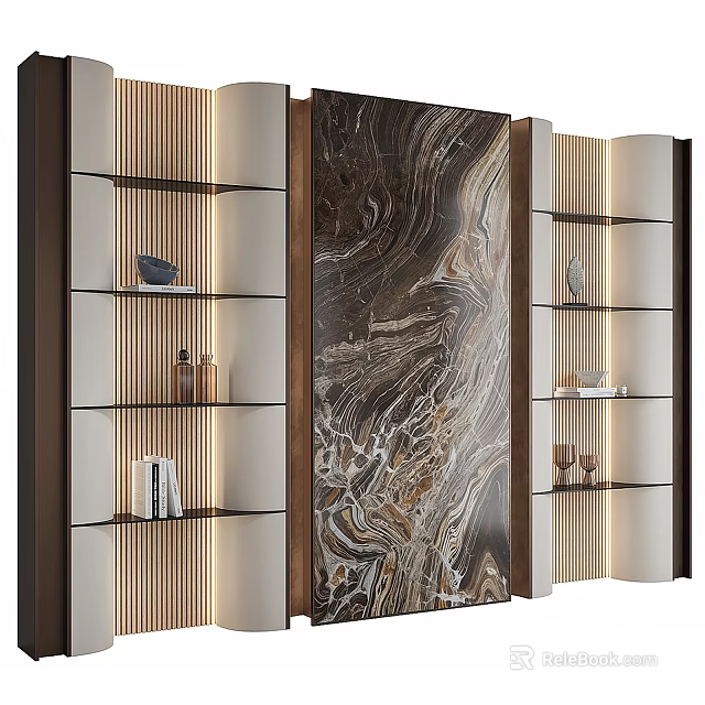 Modern Wine Cabinet With Wooden Frame Glass Shelves And Marble Decorative Panel 3d model 