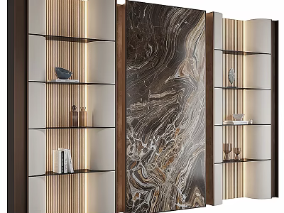 Modern Wine Cabinet With Wooden Frame Glass Shelves And Marble Decorative Panel 3d model