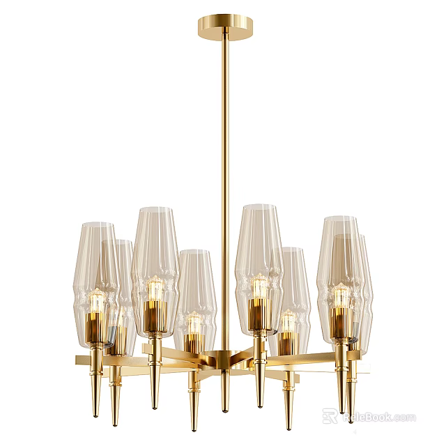 Modern Elegant Chandelier with Golden Frame Multiple Arms Transparent Glass Shades and Lit Bulbs 3d model 