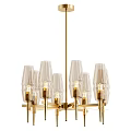 Modern Elegant Chandelier with Golden Frame Multiple Arms Transparent Glass Shades and Lit Bulbs