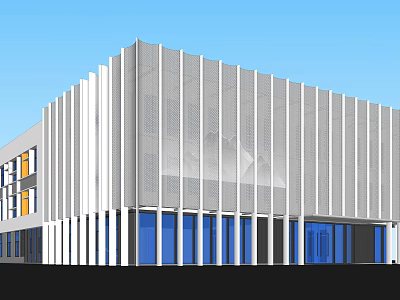 Modern Building Exterior With White Striped Facade And Blue Windows 3d model