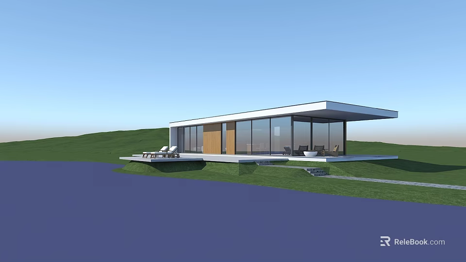 Modern Minimalist Lakeside Villa With Grassland And Floor to Ceiling Windows 3d model 