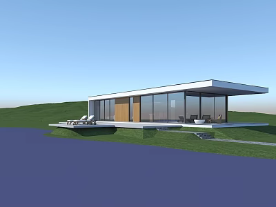 Modern Minimalist Lakeside Villa With Grassland And Floor to Ceiling Windows 3d model