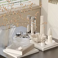 Elegant Modern Ornamental Decor Set With Ceramic Vase Dried Branches Glass Cups Tray And Candle