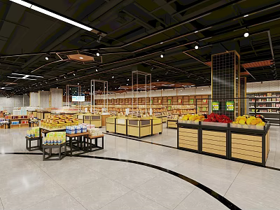 Spacious Supermarket Interior With Shelves Fruit Displays And Various Products 3d model