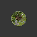 Cartoon Scene Featuring Small House Weeping Willow Trees Garden Rocks Small Shed and Blue Car