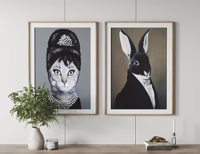 Elegant Anthropomorphic Animal Paintings Featuring Cat with Pearl Necklace and Rabbit in Suit 3d model