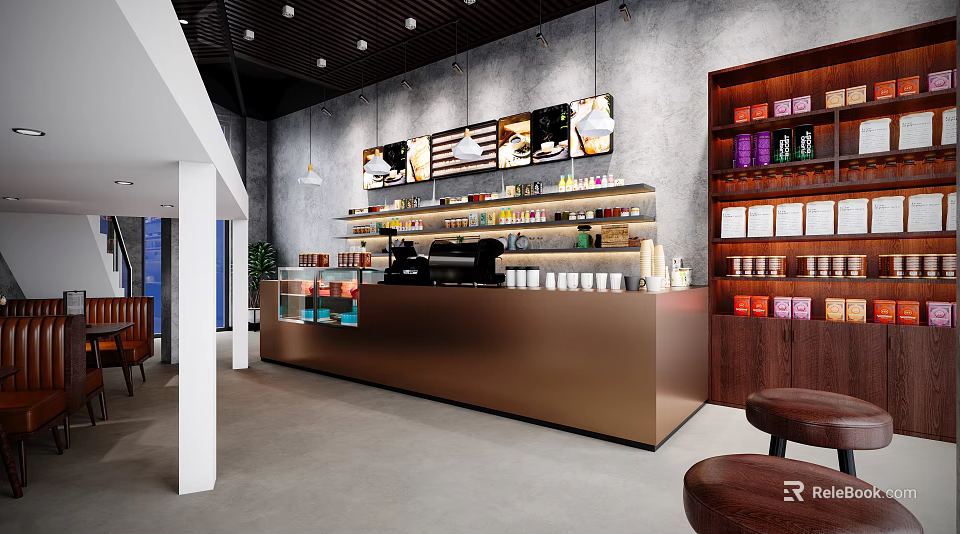 Modern Café Interior With Copper Counter Coffee Machines Display Shelves And Coffee Beans 3d model 