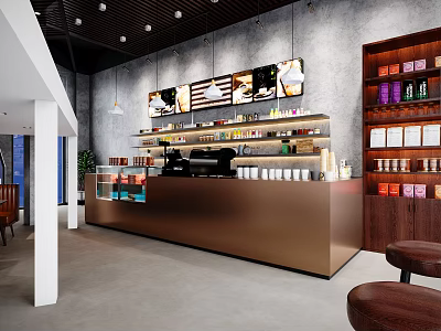 Modern Café Interior With Copper Counter Coffee Machines Display Shelves And Coffee Beans 3d model