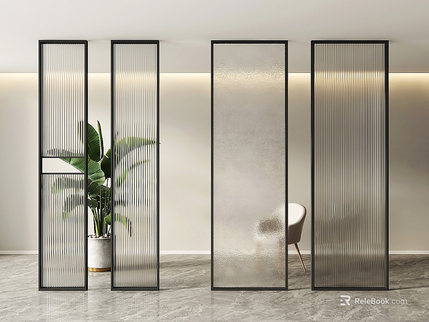 Sleek Modern Glass Room Dividers With Vertical Stripes Indoor Plant And Chair 3d model 