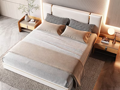 Modern Double Bed With Checkered Pillows Soft Blanket Wooden Nightstands And Lamps 3d model