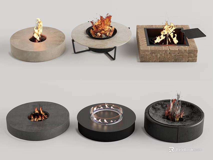 Various Designed Fire Pits In Concrete Metal Stone With Burning Flames 3d model 