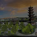 Ancient Chinese Pagoda Tower Surrounded By Trees Square And Flying Bird Under Sunset Sky
