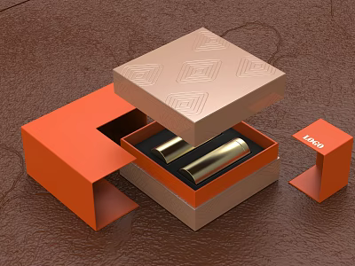 Elegant Ornamental Decor Set with Open Orange Brown Boxes and Golden Cylindrical Ornaments 3d model