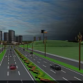Modern Urban Road Facilities With Street Lamps Central Greenery And Moving Vehicles
