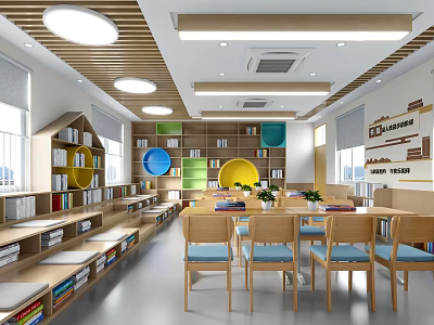School Library Interior Design With Bookshelves Colorful Decor And Chairs 3d model