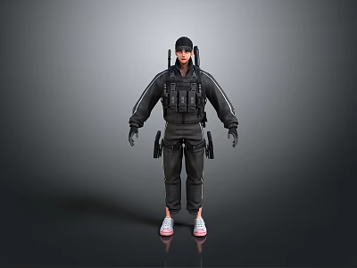 Person Dressed In Black Tactical Gear With Hat Multiple Pouches And White Sneakers 3d model
