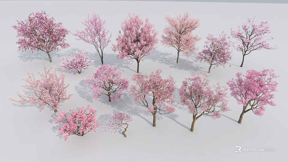 Pink Flowering Trees Collection with Vibrant Blossoms and Diverse Sizes 3d model 