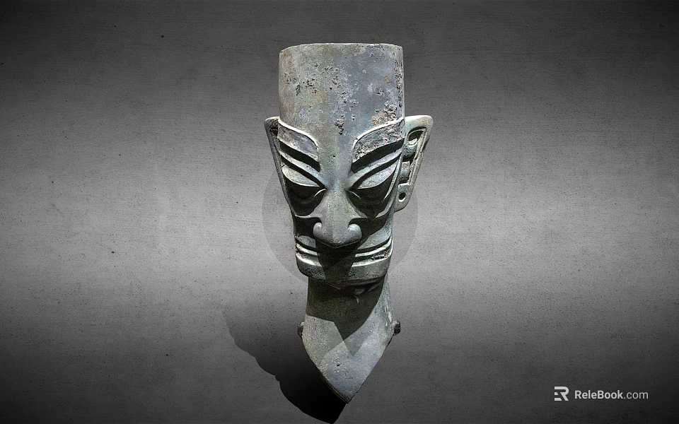Ancient Bronze Mask Sculpture With Distinctive Facial Features And Exaggerated Eyes 3d model 