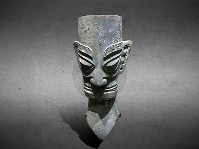 Ancient Bronze Mask Sculpture With Distinctive Facial Features And Exaggerated Eyes 3d model