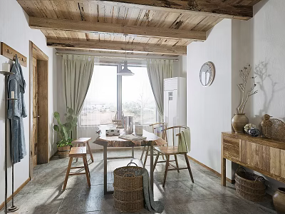 Rustic Restaurant Interior With Wooden Ceiling White Walls Windows Dining Table Chairs And Plants 3d model