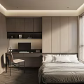 Modern Bedroom Interior With Bed Desk Chair Window Blinds And Built-in Cabinets