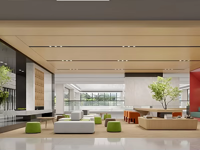Spacious Modern Hotel Public Lounge Interior With Comfortable Sofas Green Plants And Lighting 3d model
