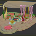 Cartoon Scene With Beige Canopy Structure Pink Circular Patterns And Reflective Base 3d model