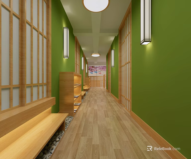 Japanese Restaurant Corridor With Green Walls Wooden Flooring Benches And Lantern Lights 3d model 