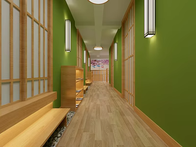 Japanese Restaurant Corridor With Green Walls Wooden Flooring Benches And Lantern Lights 3d model