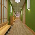 Japanese Restaurant Corridor With Green Walls Wooden Flooring Benches And Lantern Lights