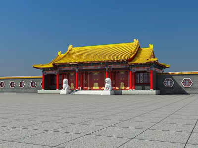 Traditional Ancient Architecture With Yellow Roof Red Pillars And Stone Lions 3d model