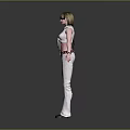 3D Female Character Wearing White Top And Pants With Red Belt Standing In Gray Background