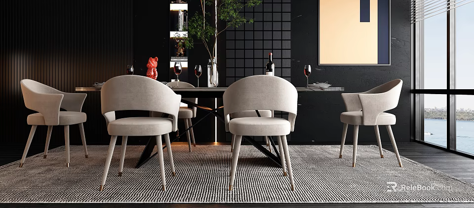 Modern Dining Set With Black Table Light Gray Chairs And Potted Plant On Checkered Rug 3d model 