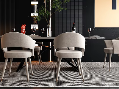Modern Dining Set With Black Table Light Gray Chairs And Potted Plant On Checkered Rug 3d model