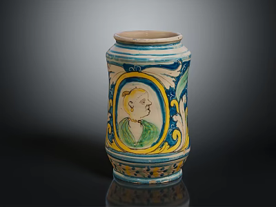 Colorful Decorative Jar With Blue Yellow White Patterns And Portrait Figure 3d model