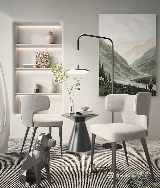 Leisure Sofa Set With Light Colored Chairs Round Table Floor Lamp And Mountain Art 3d model 