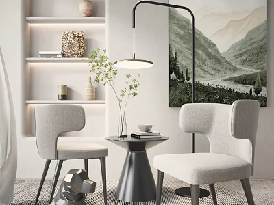 Leisure Sofa Set With Light Colored Chairs Round Table Floor Lamp And Mountain Art 3d model