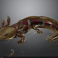 Golden Pink And Black Axolotl With Metallic Sheen And Blue Eyes On Dark Background