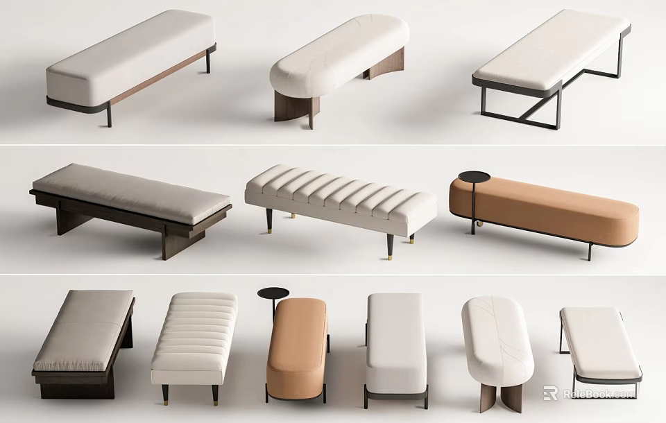 Modern Upholstered Sofa Benches With Various Designs And Metal Wood Legs 3d model 